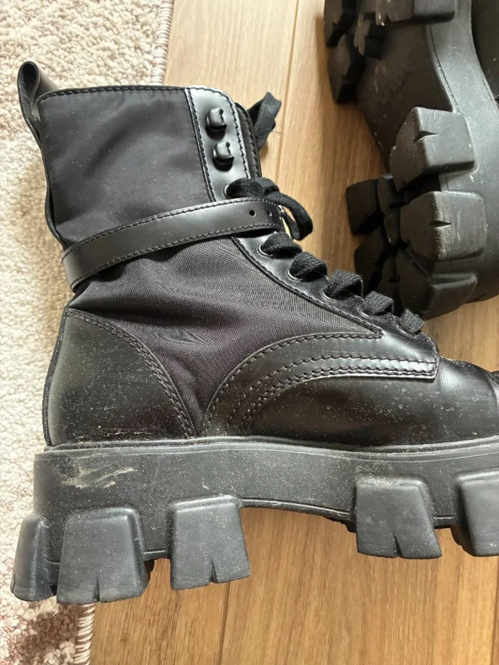 Prada Monolith Re-Nylon Combat Boots with Pouches – Size 8.5